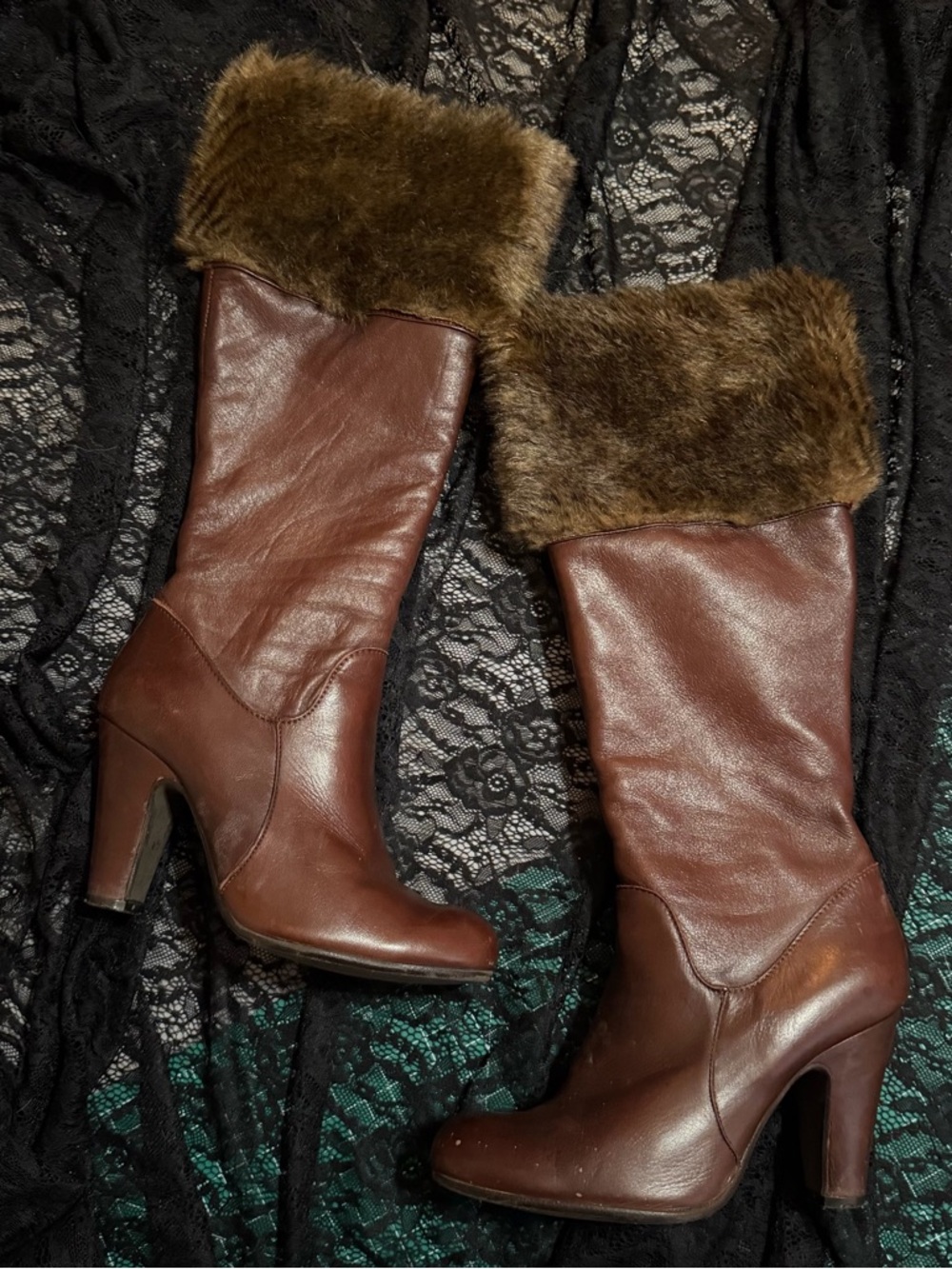 Women's Brown Faux-Fur Trim High Heel Knee Boots